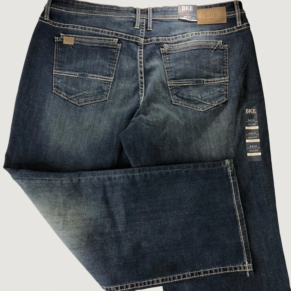 NEW BKE Seth Jeans Mens 42x30 Blue Straight Cone Denim Whiskering Stretch Preppy